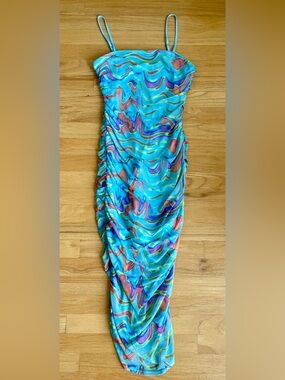 Wild Fable Turquoise Marble Ruched Slip Dress with Multicolor Swirl